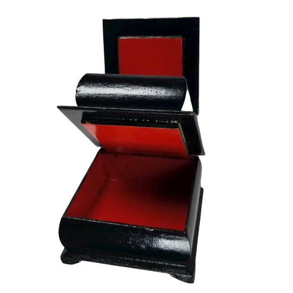 Russian Black Lacquer Double Compartment Trinket Box Hand-Painted Folk-Art Scene - Picture 11 of 11